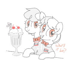 Size: 400x363 | Tagged: safe, artist:kleyime, oc, oc only, oc:eeny meeny, oc:miney moe, earth pony, pony, bowtie, cherry, cherry on top, clothes, conjoined, conjoined twins, female, food, ice cream, ice cream sundae, looking at you, monochrome, multiple heads, name tag, siblings, sisters, soda jerk, sundae, text, twins, two heads, uniform