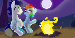 Size: 1980x1020 | Tagged: safe, artist:mlplary6, imported from derpibooru, rainbow dash, soarin', pegasus, pony, campfire, camping, female, food, looking at each other, looking at someone, male, mare, marshmallow, moon, shipping, sitting, smiling, smiling at each other, soarindash, stallion, straight