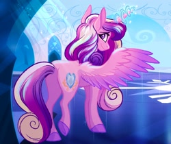 Size: 1984x1668 | Tagged: safe, artist:carouselunique, imported from derpibooru, princess cadance, alicorn, pony, butt, crystal empire, glowing, glowing horn, horn, looking at you, looking back, looking back at you, plot, smiling, solo, spread wings, wings