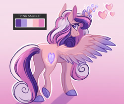 Size: 1984x1668 | Tagged: safe, alternate version, artist:carouselunique, imported from derpibooru, princess cadance, alicorn, pony, butt, crystal empire, glowing, glowing horn, gradient background, horn, limited palette, looking at you, looking back, looking back at you, plot, smiling, solo, spread wings, wings