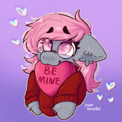 Size: 1829x1829 | Tagged: safe, artist:yumkandie, imported from derpibooru, oc, oc only, oc:cherry rose, pegasus, caption, clothes, cute, gradient background, hair over one eye, heart, image macro, long mane, solo, sweater, text, turtleneck