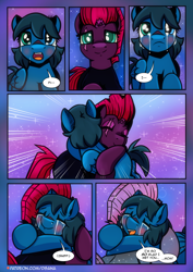 Size: 2480x3508 | Tagged: safe, artist:dsana, imported from derpibooru, fizzlepop berrytwist, tempest shadow, oc, oc:lullaby dusk, pegasus, pony, unicorn, comic:a storm's lullaby, crying, female, filly, foal, hug