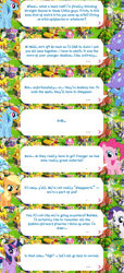 Size: 2048x4496 | Tagged: safe, imported from derpibooru, applejack, pinkie pie, rainbow dash, rarity, trixie, twilight sparkle, alicorn, earth pony, pegasus, pony, unicorn, brooch, cape, clothes, dialogue, dialogue box, english, event, female, filly, filly applejack, filly rarity, foal, folded wings, freckles, gameloft, hat, horn, jewelry, mare, mobile game, my little pony: magic princess, official, speech bubble, spread wings, text, trixie's cape, trixie's hat, twilight sparkle (alicorn), wings, younger