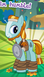 Size: 424x736 | Tagged: safe, imported from derpibooru, rockhoof, earth pony, pony, beard, clothes, colt, cropped, english, facial hair, foal, gameloft, headband, humble, leg wraps, male, meme, my little pony: magic princess, solo, stallion, text, wow! glimmer, younger