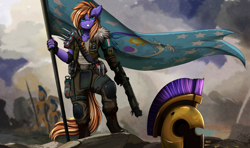 Size: 3280x1945 | Tagged: safe, artist:pridark, imported from derpibooru, oc, anthro, pegasus, pony, armor, equestrian flag, helmet, royal guard, signature, solo focus, weapon