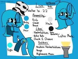 Size: 1024x768 | Tagged: safe, artist:mcrxsolidarity, imported from derpibooru, oc, oc:lisa, blue eyes, blue pony, cutie mark, female, flashlight (object), happy, hat, heart, heart eyes, reference sheet, smiling, wingding eyes