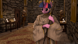 Size: 3840x2160 | Tagged: safe, artist:fireemerald123, imported from derpibooru, tree of harmony, twilight sparkle, anthro, 3d, armor, banner, book, candle, carpet, castle, chandelier, clothes, guard, halberd, polearm, robes, scroll, source filmmaker, staff, sæla, watermark, weapon