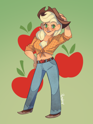 Size: 768x1024 | Tagged: safe, artist:pandiny11, imported from derpibooru, applejack, human, applejack's hat, belt, blushing, boots, clothes, cowboy boots, cowboy hat, cutie mark background, denim, female, flannel, freckles, gradient background, grin, hat, humanized, jeans, midriff, pants, shoes, smiling, solo, sports bra, tan skin