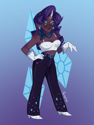 Size: 768x1024 | Tagged: safe, artist:pandiny11, imported from derpibooru, human, alternate hairstyle, bandaid, belt, bra, clothes, crop top bra, cutie mark background, dark skin, ear piercing, earring, eyeshadow, female, gloves, gradient background, high heels, horn, horned humanization, humanized, jewelry, lipstick, makeup, midriff, pants, piercing, shoes, short shirt, solo, underwear