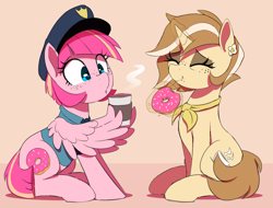 Size: 1150x875 | Tagged: safe, artist:thebatfang, oc, oc:latte luxury, oc:sweet serving, pegasus, pony, unicorn, blowing, coffee, crumbs, donut, eating, eyes closed, food, hat, magic, police hat, police pony, police uniform, simple background, sitting, steam, telekinesis, wing hold