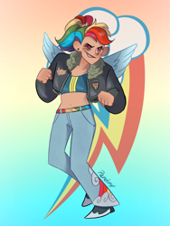 Size: 768x1024 | Tagged: safe, artist:pandiny11, imported from derpibooru, rainbow dash, human, alternate hairstyle, belt, bomber jacket, boots, clothes, cutie mark background, denim, ear piercing, earring, female, gradient background, grin, humanized, jacket, jeans, jewelry, midriff, pants, piercing, ponytail, shoes, smiling, solo, sports bra, tan skin, winged humanization, wings