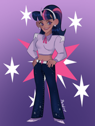 Size: 768x1024 | Tagged: safe, artist:pandiny11, imported from derpibooru, twilight sparkle, human, alternate hairstyle, belly button, boots, clothes, cutie mark background, dark skin, denim, ear piercing, earring, female, gradient background, grin, hairband, high heel boots, horn, horned humanization, humanized, jeans, jewelry, lipstick, makeup, midriff, pants, piercing, shirt, shoes, smiling, solo