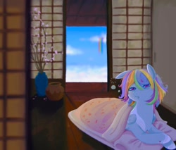 Size: 1327x1130 | Tagged: safe, artist:ombnom, imported from derpibooru, oc, pegasus, pony, flower, futon, looking at you, lying down, pot, solo