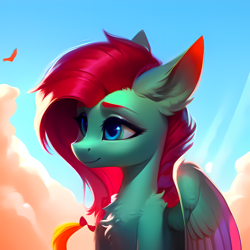 Size: 4096x4096 | Tagged: safe, editor:darkshy, imported from derpibooru, oc, pegasus, pony, ai content, ai generated, blue eyes, evening, generator:purplesmart.ai, generator:stable diffusion, green body, pegasus oc, sky, wings