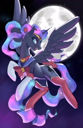 Size: 1336x2048 | Tagged: safe, artist:rirurirue, imported from derpibooru, princess luna, alicorn, pony, alternate hairstyle, boots, clothes, cosplay, costume, female, full moon, mare, moon, open mouth, open smile, sailor luna, sailor moon, shoes, smiling, solo, spread wings, thigh boots, wings