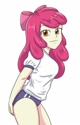 Size: 1882x2952 | Tagged: safe, artist:sumin6301, imported from derpibooru, apple bloom, human, equestria girls, bow, butt touch, hair bow, hand on butt, looking at you, simple background, smug, solo, sports panties, white background, workout outfit