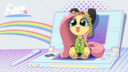 Size: 1776x1000 | Tagged: safe, artist:inkypuso, imported from derpibooru, fluttershy, pinkie pie, pegasus, pony, antonymph, awesome face, cute, double rainbow, female, fluttgirshy, frog (hoof), gir, looking at you, mare, nintendo ds, rainbow, shyabetes, signature, sitting, smiling, smiling at you, solo, tongue out, underhoof