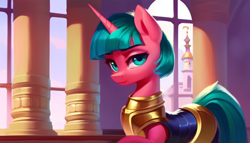 Size: 896x512 | Tagged: safe, imported from derpibooru, oc, oc only, oc:lily glamerspear, pony, unicorn, fanfic:everyday life with guardsmares, ai content, ai generated, armor, canterlot, canterlot castle, female, guardsmare, mare, royal guard, window