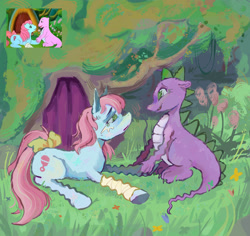 Size: 2048x1930 | Tagged: safe, artist:puppetizer, imported from derpibooru, baby cuddles, spike (g1), dragon, earth pony, pony, bandage, bow, duo, g1, scene interpretation, screencap reference, tail, tail bow, teary eyes
