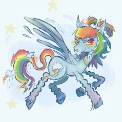 Size: 2048x2048 | Tagged: safe, artist:puppetizer, imported from derpibooru, rainbow dash, pegasus, pony, alternate design, alternate hairstyle, nose piercing, nose ring, piercing, ponytails, redesign, solo, spread wings, wings
