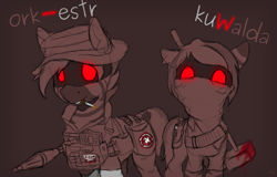 Size: 1879x1203 | Tagged: safe, artist:zebra, oc, oc:kuwalda, oc:ork-estr, zebra, bandana, blood, cigarette, clothes, current events, glowing eyes, hammer, hat, jacket, looking at you, military, pants, partially colored, pmc, private military, radio, rpg-7, sketch, sledgehammer, smoking, tactical vest, wagner, wagner pmc, weapon
