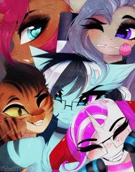 Size: 2430x3098 | Tagged: safe, artist:krissstudios, imported from derpibooru, oc, oc only, oc:kooler, oc:med, oc:meowmix, oc:purapoint, cat, earth pony, pony, unicorn, cute, earth pony oc, group, horn, one eye closed, unicorn oc, wink