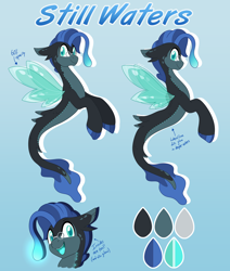 Size: 4784x5653 | Tagged: safe, artist:pearlyiridescence, imported from derpibooru, oc, oc only, oc:still waters, seapony (g4), glasses, glowing, gradient background, male, reference sheet, sharp teeth, solo, teeth