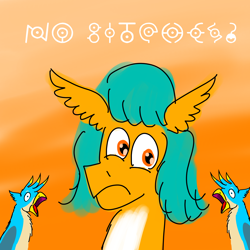 Size: 3200x3200 | Tagged: safe, artist:horsesplease, imported from derpibooru, gallus, hitch trailblazer, unown, series:ask failblazer, bitch, bitch trailblazer, g5, gallus the rooster, looking at you, meme, no bitches?, pokémon, sad, sad hitch, solo, vulgar