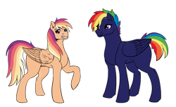 Size: 1403x852 | Tagged: safe, artist:moonlight-doodles, imported from derpibooru, oc, oc only, oc:comet blaze, oc:nightsky, pegasus, pony, duo, female, magical lesbian spawn, offspring, parent:rainbow dash, parent:scootaloo, parents:scootadash, siblings, simple background, smiling, transparent background