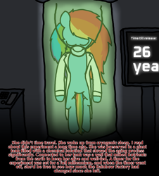Size: 3023x3351 | Tagged: safe, artist:professorventurer, imported from derpibooru, rainbow dash, oc, oc:enrique, fanfic:rainbow factory, series:ask pippamena, 26, backstory, clothes, cryogenic sleep, fanfic art, flashback, lab coat, laboratory, lore, rainbow factory dash, tank (container)