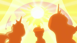 Size: 1920x1080 | Tagged: safe, imported from derpibooru, screencap, princess celestia, princess luna, twilight sparkle, alicorn, pony, the summer sun setback, silhouette, summer sun celebration, sun, twilight sparkle (alicorn)