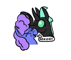Size: 484x410 | Tagged: safe, artist:cammy, imported from derpibooru, oc, oc only, changeling, earth pony, pony, blushing, bust, cheek kiss, dialogue, eyes closed, gay, kissing, male, oc x oc, shipping, simple background, speech bubble, white background