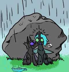 Size: 549x571 | Tagged: safe, artist:cammy, imported from derpibooru, oc, oc only, changeling, background, kissing, rain, rock
