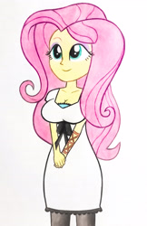 Size: 2608x4025 | Tagged: safe, artist:count oxymagomedov sear, imported from derpibooru, fluttershy, human, equestria girls, akizuki marina, breasts, busty fluttershy, clothes, cute, dress, eyebrows, eyeshadow, female, high res, makeup, oni chichi, shyabetes, simple background, smiling, solo, traditional art, white background