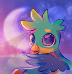 Size: 804x826 | Tagged: safe, artist:lanlanlc, imported from derpibooru, gallus, griffon, crescent moon, galaxy, happy face, male, moon, night, ocean, spread wings, stars, water, wide eyes, wings