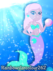 Size: 1536x2048 | Tagged: safe, artist:rainbowstarcolour262, imported from derpibooru, oc, oc only, oc:zina pearl, mermaid, equestria girls, bare shoulders, belly button, belly piercing, bellyring, bra, bubble, clothes, crepuscular rays, ear piercing, earring, eyeshadow, female, fish tail, hand on hip, jewelry, lens flare, makeup, mermaid tail, mermaidized, obtrusive watermark, ocean, pearl, piercing, purple eyes, seashell bra, signature, solo, sparkles, species swap, strapless bra, sunlight, swimming, tail, underwater, underwear, water, watermark