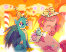 Size: 3000x2396 | Tagged: safe, imported from derpibooru, gallus, pinkie pie, earth pony, griffon, cupcake, female, food, happy birthday, male