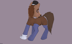 Size: 4261x2600 | Tagged: safe, artist:noxvull, imported from derpibooru, oc, oc:ghio, earth pony, pony, blushing, brown coat, brown mane, butt, clothes, gloves, gray background, hat, hoers mask, mask, plot, simple background, socks, solo, stockings, thigh highs, top hat