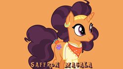 Size: 1920x1080 | Tagged: safe, artist:magister39, edit, editor:jaredking779, imported from derpibooru, saffron masala, pony, unicorn, bandana, clothes, ear piercing, earring, female, jewelry, mare, orange background, piercing, simple background, solo