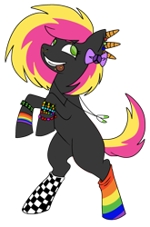 Size: 1340x2032 | Tagged: safe, artist:reponer, imported from derpibooru, pony, unicorn, bipedal, black fur, blank flank, bracelet, clothes, colorful, emo, eyestrain warning, horn, jewelry, looking up, missing cutie mark, multiple horns, necklace, neon, pride, socks, standing, tongue out