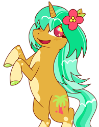 Size: 1876x2422 | Tagged: safe, artist:reponer, imported from derpibooru, pony, unicorn, bipedal, flower, flower in hair, flowing mane, simple background, smiling, standing, standing on two hooves, tropical