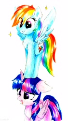 Size: 2156x3834 | Tagged: safe, artist:liaaqila, imported from derpibooru, rainbow dash, twilight sparkle, alicorn, pegasus, pony, confused, duo, duo female, eye clipping through hair, female, folded wings, high res, horn, mare, open mouth, perching, signature, simple background, smiling, sparkles, spread wings, standing on head, traditional art, twilight sparkle (alicorn), white background, wings