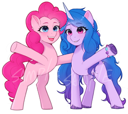 Size: 2300x2048 | Tagged: safe, artist:xiaowu07, imported from derpibooru, izzy moonbow, pinkie pie, earth pony, pony, unicorn, cute, duo, duo female, female, g4, g5, hug, izzy and her heroine, looking at you, mare, sample, simple background, smiling, smiling at you, white background