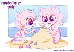 Size: 4093x2894 | Tagged: safe, artist:madelinne, imported from derpibooru, beach, chibi, clothes, cloud, commission, cute, duo, sandcastle, sky, swimsuit, water, your character here