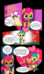 Size: 642x1092 | Tagged: safe, artist:25ultragamer, imported from derpibooru, hitch trailblazer, sunny starscout, earth pony, pony, balloon, black background, braid, comic, dialogue, duo, duo male and female, female, g5, heart, heart balloon, knocking, male, mare, sheriff's badge, shipping, simple background, snuggling, stallion, straight, sunnyhitch