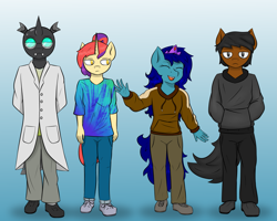 Size: 2953x2362 | Tagged: safe, imported from derpibooru, oc, oc only, oc:calm field, oc:lorad, oc:sivia, oc:tandem, anthro, changeling, earth pony, unicorn, anthro oc, gradient background, walking