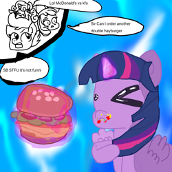 Size: 1000x1000 | Tagged: safe, imported from derpibooru, apple bloom, scootaloo, sweetie belle, twilight sparkle, alicorn, twilight time, annoyed, apple bloom's bow, bow, burger, cute, cutie mark crusaders, food, hair bow, happy, hay burger, joke, scootachicken, tired, twiabetes, twilight burgkle, twilight sparkle (alicorn)