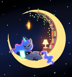 Size: 2131x2262 | Tagged: safe, artist:jaanhavi, imported from derpibooru, princess luna, alicorn, pony, book, crescent moon, cute, ethereal mane, ethereal tail, eyes closed, female, glowing, glowing horn, horn, lamp, lantern, levitation, library, lunabetes, magic, mare, moon, night, solo, starry mane, starry tail, stars, tail, tangible heavenly object, telekinesis