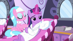 Size: 854x480 | Tagged: safe, imported from derpibooru, screencap, twilight sparkle, alicorn, earth pony, rarity's biggest fan, spoiler:interseason shorts, bedroom eyes, magic, magic aura, spa robe, twilight sparkle (alicorn)