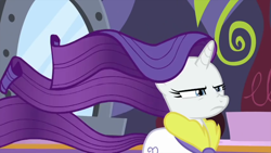 Size: 854x480 | Tagged: safe, imported from derpibooru, screencap, rarity, unicorn, rarity's biggest fan, spoiler:interseason shorts, frown, lidded eyes, spa robe, tail, windswept hair, windswept mane, windswept tail